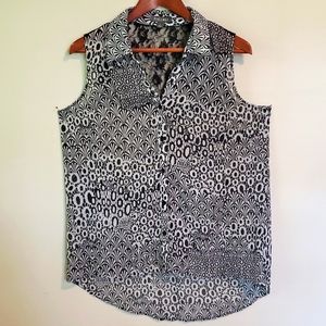 Roz & Ali Business Causal Black White Abstract Sheer Sleeveless Top Lace Back L